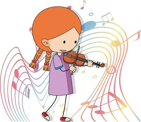 Cartoon doodle a girl playing violin with melody symbols