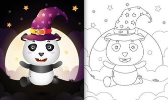 libro para colorear con una linda caricatura de halloween bruja panda frente a la luna vector