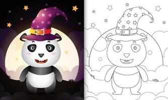 libro para colorear con una linda caricatura de halloween bruja panda frente a la luna vector