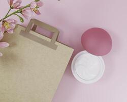 A white cream jar placed on a pink background photo