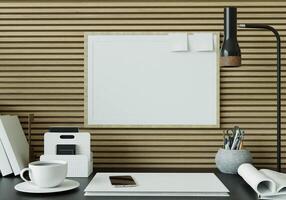 A study room with a book placed on a black table with a picture frame. photo