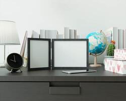 A study room with a book placed on a black table with a picture frame. photo