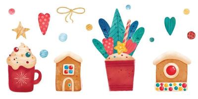 Christmas holiday sweets set. Watercolor figure gingerbread, badian, vector