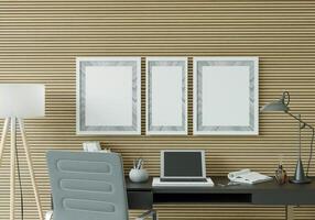 The working room is decorated with furniture with picture frames. photo