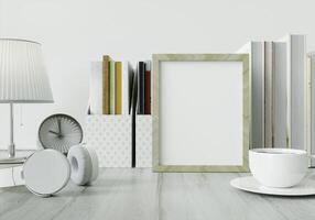 A study room with a book placed on a white table with a picture frame. photo