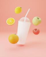 Glass for juice on pink background, 3d photo