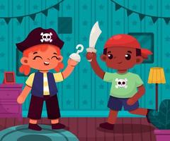 niño y niña feliz jugando piratas en casa vector