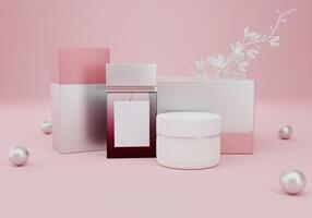 Square perfume bottles and cream jars on pink background photo