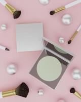 un conjunto de maquillaje para muchas mujeres sobre un fondo rosa foto