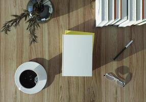 A book, coffee cup, eyeglasses and pen are placed on a wooden table. photo
