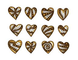 Many hand drawn brown and gold hearts vector