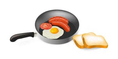 Fried eggs with sausage and tomatoes in the pan and bread vector