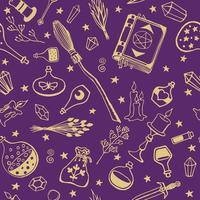 Seamless pattern with hand drawn magic tools, concept of witchcraft. vector