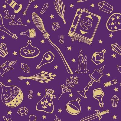 Seamless pattern with hand drawn magic tools, concept of witchcraft.