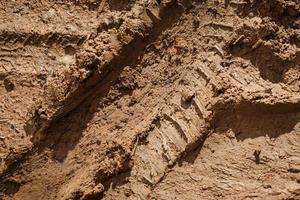 Wet sticky soil texture with car wheel tracks photo