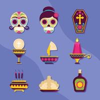 conjunto de iconos de elementos de dia de los muertos vector