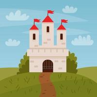 paisaje de cuento de hadas con castillo. torre blanca con banderas rojas vector