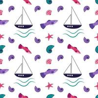 Bright marine pattern with fantastic fish, ships, starfish and shells vector