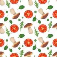 Seamless pattern with tomatoes, mushrooms, arugula and spinach leaves vector