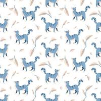 Seamless pattern with blue tabby cat and leaves vector