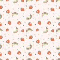 Seamless pattern with bright rainbows, strawberries and polka dot vector