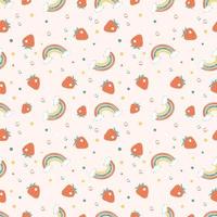 Seamless pattern with bright rainbows, strawberries and polka dot vector