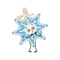 Cute Christmas snowflake falls in love with eyes hearts, kiss face vector