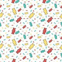 Bright seamless pattern with sweets and confetti pieces of paper. vector