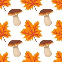 Seamless pattern with mushrooms and orange maple leaves vector