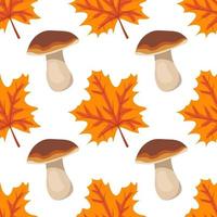 Seamless pattern with mushrooms and orange maple leaves vector