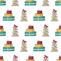 Seamless pattern with gingerbread Christmas tree, gift and words vector