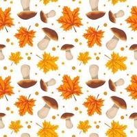 Seamless pattern with mushrooms and orange maple leaves. vector