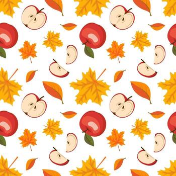 otoño de patrones sin fisuras con hojas de arce y manzanas rojas vector