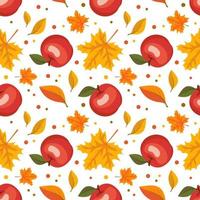 Autumn seamless pattern with maple leaves and red apples vector