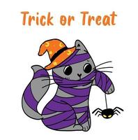 lindo gato gatito de halloween disfrazado de momia truco o trato con araña vector