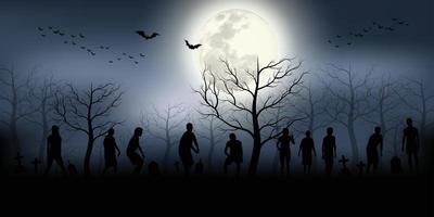 crowd of hungry zombies in the woods. Silhouettes of scary zombies. vector