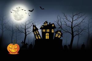 Castle, haunted house and ghost hands, tomb on full moon night. vector