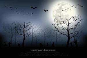 Halloween background. Spooky forest with full moon and grave. vector