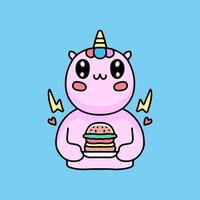 lindo unicornio con dibujos animados de mascota de hamburguesa, ilustración para pegatinas. vector