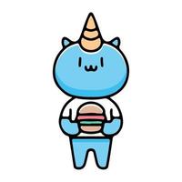 cat unicorn holding burger, cartoon illustration for stickers vector