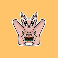 ciervo feliz con dibujos animados de hamburguesa, ilustración para pegatinas y camiseta. vector