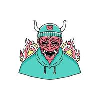 Japanese devil wearing beanie and sweater illustration. for t-shirt. vector