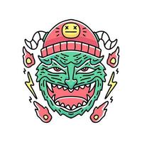 Green devil wearing beanie hat illustration. Vector for t-shirt.