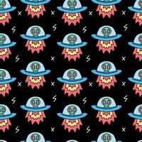 funny seamless pattern of alien with spaceship on space. vector
