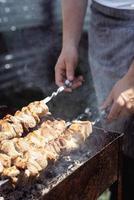 Grilled kebab on metal skewer, fresh meat photo