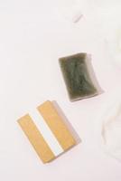 Top view of hand made soap and craft box for mock up design on white photo