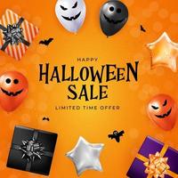 Feliz tarjeta de vacaciones de venta de halloween con globos divertidos. vector