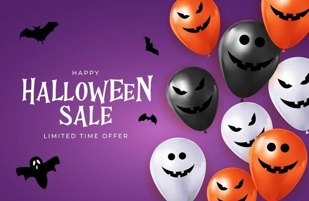 Happy Halloween sale holiday card with funny balloons.