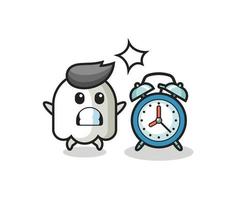 Cartoon Illustration of ghost is surprised with a giant alarm clock vector