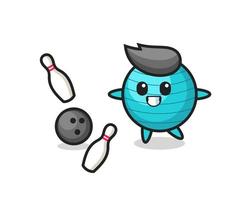 personaje de dibujos animados de pelota de ejercicio está jugando a los bolos vector